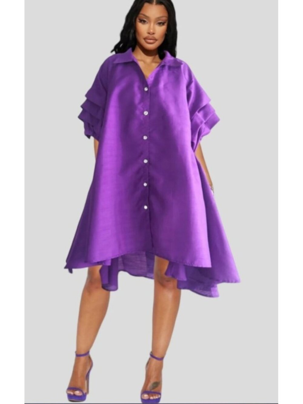 Advance Apparels Purple High-Low Button Down Ruffle Sleeve Dress – One Size